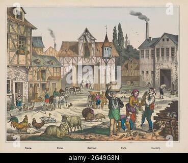 Tenuta. / Ferme. / Bauernhof. / Azienda agricola. / Azienda agricola. Vista di un cantiere in cui lavorano diversi agricoltori e agricoltori e di animali da allevamento, compresi polli, ovini, tovaglioli, suini; anatre un cane e un gatto. Foto Stock