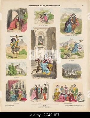 Tangeelen dal Medioevo; piatti Munchener. Foglio con 11 scene medievali, tra cui un falconiere, una signora a cavallo e un matrimonio medievale. Sotto ogni immagine una didascalia. Numerato al centro di: Nro. 36. Numerato in alto a destra: 36. Foto Stock