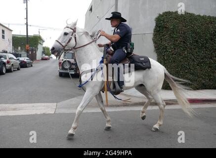 Venezia, California, USA 18 giugno 2021 una visione generale dell'atmosfera dei cavalli di polizia a Venice Beach a Venezia, California, USA. Foto di Barry King/Alamy Stock foto Foto Stock