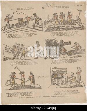 Fonte mite di abbondanza, / Adams Lust in 't Godd'lyk Eden / Grower of the Reaning Sweens / per la mente ahmery. Foglio con 6 prestazioni della vita agricola, compresi gli agricoltori che arano il campo e seminano, pastori che riposano con le mucche nel prato e un agricoltore che munga una mucca. Sotto ogni immagine un verso a quattro righe. Numerato in alto a destra: N. 100. Foto Stock