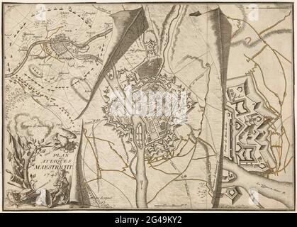 Piano dell'assedio di Maastricht, 1748; Plan des Attaques de Maeense e 1748. Mappa dell'assedio della città di Maastricht da parte dei francesi sotto Mauriti di Sassonia e Lowendal, dal 15 aprile e occupato il 7 maggio 1748. Tre riviste di curling illusionisti con mappe di Maastricht e dintorni, la città stessa e un bastione. In basso a sinistra una cartouche con un soldato di riposo e armi. Le omologazioni colorate a mano. Foto Stock