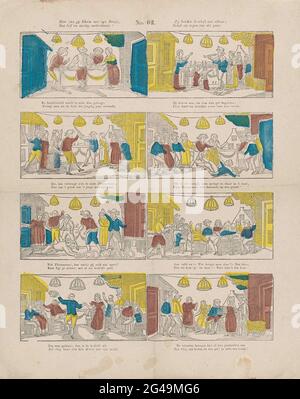Qui vedete Gy Kloris con la sua rosa, / quella dolce e bella scatola di zucchero! / Zy tenere matrimonio tra di loro; / felicità e benedizione a questa coppia. Foglia con 8 spettacoli sul matrimonio di Kloris e Roosje. Sotto ogni immagine un fresco a due zampe. Numerato al centro: N. 62. Foto Stock