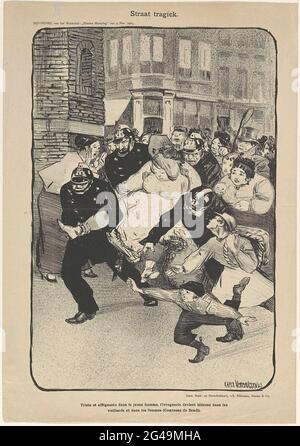 Fumetto sull'intossicazione pubblica, 1903; strada tragica. Cartone animato su ubriachezza pubblica, 1903. Una donna ubriaca viene drenata attraverso il pubblico attraverso quattro ufficiali di polizia. Con didascalia a due gambe. Apparve come un allegato del settimanale 'Blue Monday' del 9 novembre. 1903. Foto Stock