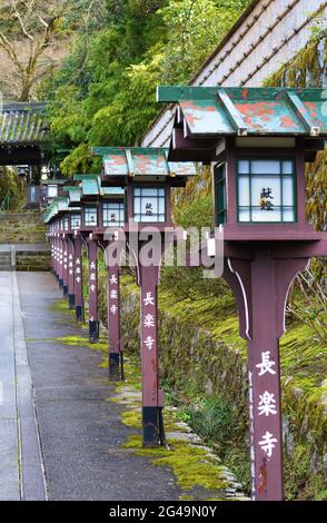 Le tradizionali lanterne giapponesi si allineano sul sentiero che porta all'ingresso del tempio del Santuario di Yasaka all'interno di Maruyam Foto Stock