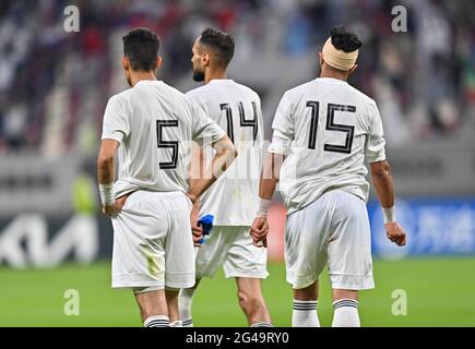 Doha, Qatar. 19 giugno 2021. I giocatori libici reagiscono dopo la partita di calcio del turno di qualificazione della Coppa araba FIFA Qatar 2021 a Doha, Qatar, 19 giugno 2021. Credit: Nikku /Xinhua/Alamy Live News Foto Stock