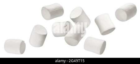 Marshmallows cadenti isolati su sfondo bianco Foto Stock