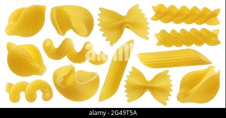 Pasta italiana cruda, raccolta di diversi tipi di pasta isolata su sfondo bianco Foto Stock
