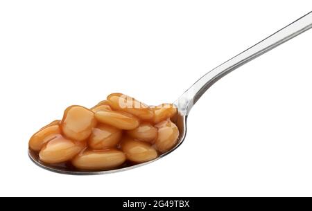 Cucchiaio di fagioli cotti in salsa di pomodoro isolato su fondo bianco Foto Stock
