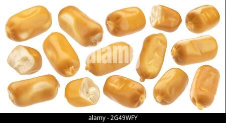 Spuntini al formaggio, formaggio affumicato isolato su sfondo bianco Foto Stock
