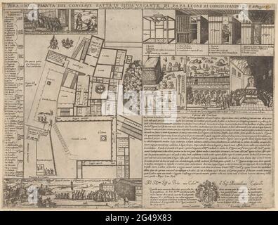 Piano fondiario per il conclave nel maggio 1605; vera di Real Pianta del Conclave fatta a Sedia Vacante di Papa Leone XI Cominciando il di 8. Sat Maggio 1605. Una mappa del Vaticano durante il conclave dopo la morte di Papa Leone XI nel 1605. A sinistra un elenco esplicativo di numeri. Destra rappresentazioni dei quartieri dormienti dei cardinali durante il conclave e di oggetti utilizzati nel cerimoniale. In basso a sinistra una rappresentazione di una processione. In basso a destra testo italiano e stemma. Foto Stock