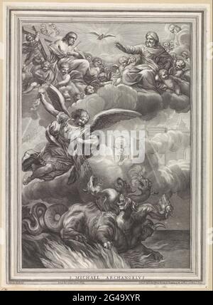 L'Arcangelo Michele; S. Michele Arcangelo. L'Arcangelo Michele in battaglia con un drago a sei membri. Sopra le nuvole ci sono Cristo e Dio Padre circondato da Putti. In mezzo, lo Spirito Santo galleggia sotto forma di piccione. Sullo sfondo una porta con un angelo. Foto Stock