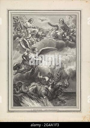 L'Arcangelo Michele; S. Michele Arcangelo. L'Arcangelo Michele in battaglia con un drago a sei membri. Sopra le nuvole ci sono Cristo e Dio Padre circondato da Putti. In mezzo, lo Spirito Santo galleggia sotto forma di piccione. Sullo sfondo una porta con un angelo. Foto Stock