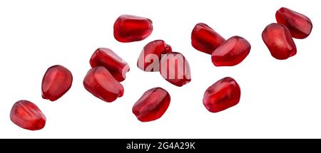 La caduta dei semi di melograno isolato su sfondo bianco con tracciato di ritaglio Foto Stock