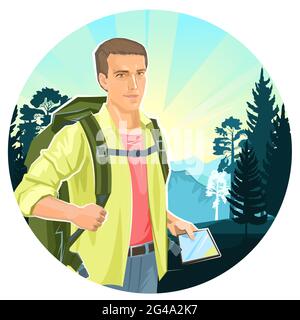 Carino ragazzo turistico con un navigatore tablet. Zaino. Sullo sfondo di un bellissimo paesaggio. Montagne e foreste di conifere. Un uomo in viaggio. F Illustrazione Vettoriale