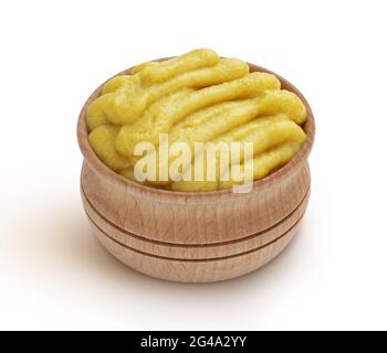 Purè di patate nella ciotola di legno isolato su sfondo bianco Foto Stock