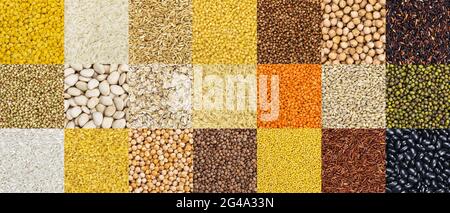 Modello di diversi tipi di cereali, cereali, riso e fagioli sfondi Foto Stock