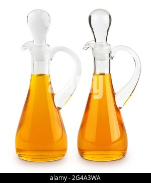 Olio d'oliva in bottiglia di vetro isolato su fondo bianco Foto Stock