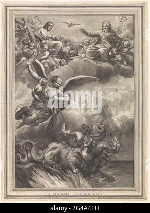 L'Arcangelo Michele; S. Michele Arcangelo. L'Arcangelo Michele in battaglia con un drago a sei membri. Sopra le nuvole ci sono Cristo e Dio Padre circondato da Putti. In mezzo, lo Spirito Santo galleggia sotto forma di piccione. Sullo sfondo una porta con un angelo. Foto Stock
