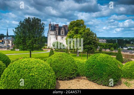 Bella vista con il castello di Amboise dal giardino ornamentale, Valle della Loira, Francia, Europa Foto Stock