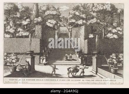 Scale con fontane nei giardini della villa d'Este a Tivoli; Veduta delle Fontane della Cordonata, scala e, che Ascende al Vialone delle Fontanelle; le Fontane del Giardino Estense a Tivoli; Fontane nei giardini di Villa d'Este a Tivoli. Numerato in basso a destra: 12. La stampa fa parte di un album. Foto Stock