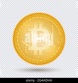 Moneta d'oro criptovalente con simbolo di moneta d'oro sull'ossatura, isolata su sfondo trasparente. Tecnologia Blockchain. Utilizzare per i logo, stampa prod Illustrazione Vettoriale