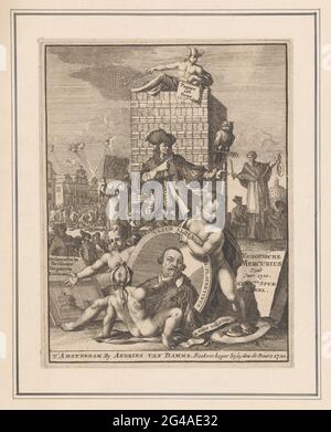 Ritratto del Cardinale Giulio Alberoni; pagina del titolo: Europisch Mercury, 1720. Ritratto del cardinale Giulio Alberoni in cornice ovale con periferico. Intorno ad esso intorno ad un certo numero di oggetti allegorici e figure. La beffa di questo ritratto si riferisce alla caduta e all'esilio del cardinale spagnolo nel dicembre 1719. Sullo sfondo Mercurio sedette su un'enorme pila di carta. Foto Stock