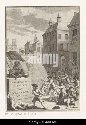 Bartholomeünacht; Storia contemporanea di Vrankryk parte vde; pagina del titolo per: Thomas Salmon, storia contemporanea o la continuazione della Storia Generale, 1773. Un massivo assassinio di cattolici a Huguenots a Parigi. Una figura di piccione conserva un'immagine di Hendrik IV in un allenatore. L'assieme guasto potrebbe essere visualizzato qui. Hendrik IV fu costretto a convertirsi al cattolicesimo romano quando il trono. Lasciato su un blocco con il titolo è la personificazione del tradimento con una bandiera con la croce. Foto Stock