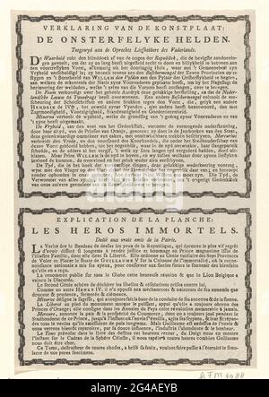 Spiegazione della stampa: Eroi immortali, 1787; spiegazione della lastra di convestazione: L'Onsterfelyke Helden / Exploration de la Scheche: Les Heros Immortels. Foglio di testo con le dichiarazioni in olandese e francese della presentazione della stampa con l'allegoria sul recupero di Stadholder Willem V nel 1787. Foto Stock