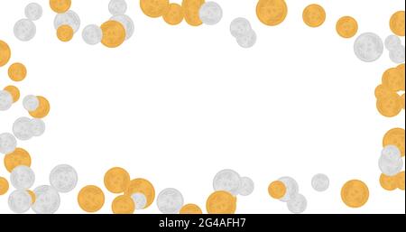 Modello di monete di Bitcoin. Moneta d'oro e d'argento criptovalente con il simbolo della moneta d'oro sull'ossatura. Tecnologia Blockchain. Utilizzare per i prodotti di stampa, pag Illustrazione Vettoriale