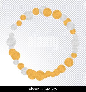 Modello di monete di Bitcoin. Moneta d'oro e d'argento criptovalente con il simbolo della moneta d'oro sull'ossatura. Tecnologia Blockchain. Utilizzare per i prodotti di stampa, pag Illustrazione Vettoriale