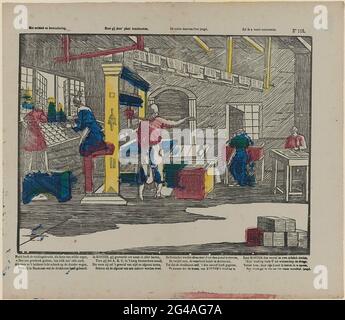 Con rispetto e ammirazione, o deve vedere la piastra di Deez, / il motivo della sua giovinezza l'Eva, vi svelerò. Foglia con una delle principali rappresentanze di una società di stampa (possibilmente da Laurens Jansz. Coster). Collega due uomini con i font, un uomo che gestisce la stampa e a destra due uomini che sono fogli stampati da modificare. Sopra solo i fogli stampati intorno alle travi da asciugare. Nel undermaster una didascalia in quattro colonne. Numerato in alto a destra: N. 116. Foto Stock