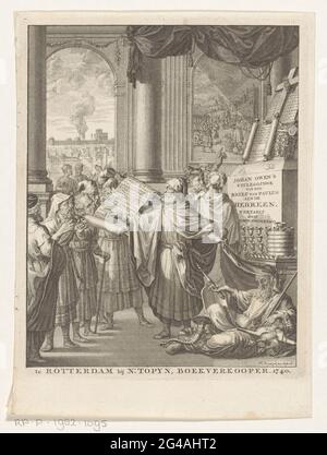 Paolo rivela Mosè; spiegazione della lettera da Paulus aen de Hehreen; pagina del titolo per: Johan Owen, un'interpretazione della lettera di invio da Paulus den Apostel aen de Hebreen, 1740. L'apostolo Paolo rivela ad alcuni spettatori la figura seduta di Mosè con lo scettro, il personale e le tavolette di pietra. A destra un piedistallo con il titolo della prenotazione su cui uno scroll, un sito cap, le tavolette di pietra e una croce. Foto Stock