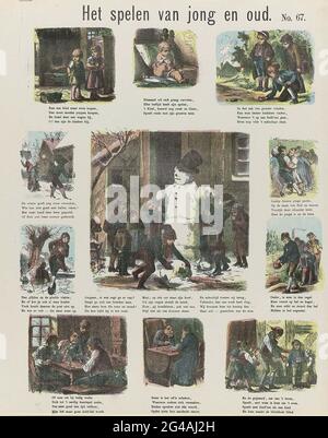 Suonando giovani e vecchi; le stampe di Meijer. Leaf con 11 spettacoli di giochi e attività per bambini, tra cui giocare con bambola, noia, marciare, lanciare palle di neve, fare pupazzo di neve, danza, pattinaggio, bowling, giochi di carte, scacchi e cieca giocare. Sotto ogni prestazione un verso. Numerato in alto a destra: N. 67. Foto Stock