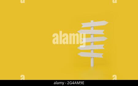 Cartelli bianchi che indicano diverse direzioni su sfondo giallo. rendering 3d. Foto Stock