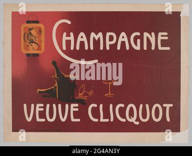 Champagne Veuve Clicquot. Immagine di due bottiglie di champagne e due bicchieri. Sopra a sinistra una lanterna con drago su di essa. Foto Stock