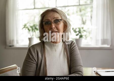 Ritratto headshot di donna matura hanno webcam chiamata Foto Stock