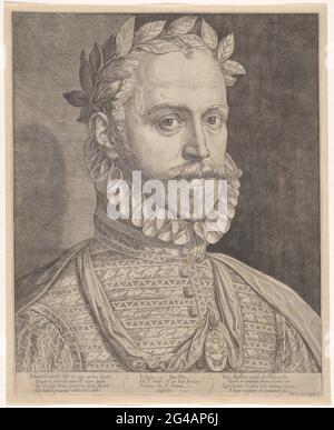 Ritratto del poeta Jan Baptista van der Noot. Autore ritratto del poeta Jan van der Noot con corona d'alloro e medaglia. Sotto il ritratto un fresco in greco e latino. Foto Stock