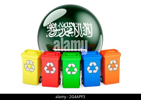 Riciclaggio dei rifiuti in Arabia Saudita. Bidoni di riciclaggio colorati con bandiera dell'Arabia Saudita, rendering 3D isolato su sfondo bianco Foto Stock