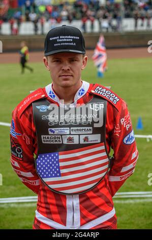 Glasgow, Scozia, Regno Unito. 19 giugno 2021. Broc Nicol (USA) durante la gara di qualificazione FIM Speedway Grand Prix al Peugeot Ashfield Stadium di Glasgow sabato 19 giugno 2021. (Credit: Ian Charles | MI News) Credit: MI News & Sport /Alamy Live News Foto Stock