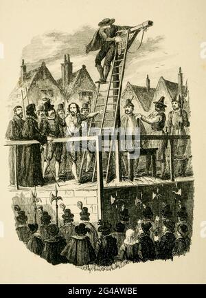 Esecuzione di Guy Fawkes dal libro ' Guy Fawkes; o, il tradimento della polvere da sparo. Un romanzo storico ' di William Harrison Ainsworth, con illustrazioni su acciaio di George Cruikshank. Pubblicato a Londra, da George Routledge and Sons, limitato nel 1841. Guy Fawkes (Guido Fawkes, 13 aprile 1570 – 31 gennaio 1606) è stato un . 1605 Nacque e studiò a York; suo padre morì quando Fawkes aveva otto anni, dopo di che sua madre sposò un Catho recusante Foto Stock