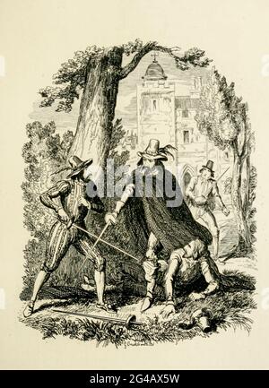 Guy Fawkes proteggere Humphrey Chetham da Catesby dal libro ' Guy Fawkes; o, il tradimento della polvere da sparo. Un romanzo storico ' di William Harrison Ainsworth, con illustrazioni su acciaio di George Cruikshank. Pubblicato a Londra, da George Routledge and Sons, limitato nel 1841. Guy Fawkes (Guido Fawkes, 13 aprile 1570 – 31 gennaio 1606) è stato un . 1605 Nacque e studiò a York; suo padre morì quando Fawkes aveva otto anni, dopo di che la sua falena Foto Stock