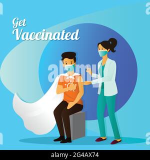 Illustrazione della vaccinazione su sfondo blu, quando il medico inietta la dose di vaccino a un ragazzo giovane, che si sente come ottiene le ali. Illustrazione Vettoriale