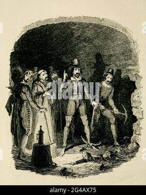 Guy Fawkes e i suoi colleghi cospiratori si allarmarono mentre scavavano la miniera sotto la Camera dei Lord, dal libro 'Guy Fawkes; o, il tradimento della polvere da sparo. Un romanzo storico ' di William Harrison Ainsworth, con illustrazioni su acciaio di George Cruikshank. Pubblicato a Londra, da George Routledge and Sons, limitato nel 1841. Guy Fawkes (Guido Fawkes, 13 aprile 1570 – 31 gennaio 1606) è stato un . 1605 Nacque e studiò a York; suo padre morì quando Fawk Foto Stock