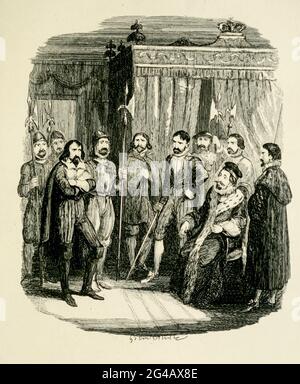 Guy Fawkes interrogato da re James il primo dal libro ' Guy Fawkes; o, il tradimento della polvere da sparo. Un romanzo storico ' di William Harrison Ainsworth, con illustrazioni su acciaio di George Cruikshank. Pubblicato a Londra, da George Routledge and Sons, limitato nel 1841. Guy Fawkes (Guido Fawkes, 13 aprile 1570 – 31 gennaio 1606) è stato un . 1605 Nacque e istruì a York; suo padre morì quando Fawkes aveva otto anni, dopo di che sua madre m Foto Stock