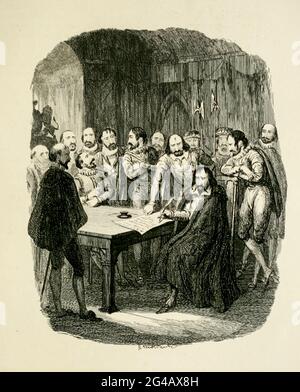 Guy Fawkes ha sottoscritto il suo esame dopo la tortura [confessione dopo la tortura] dal libro ' Guy Fawkes; o, il tradimento della polvere da sparo. Un romanzo storico ' di William Harrison Ainsworth, con illustrazioni su acciaio di George Cruikshank. Pubblicato a Londra, da George Routledge and Sons, limitato nel 1841. Guy Fawkes (Guido Fawkes, 13 aprile 1570 – 31 gennaio 1606) è stato un . 1605 Nacque e studiò a York; suo padre morì quando Fawkes aveva otto anni Foto Stock
