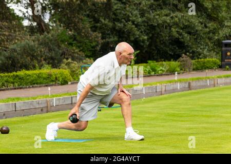 Bocce uomo in locale partita di bocce prato sul verde in Hexham Northumberland Foto Stock