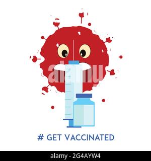 L'illustrazione della vaccinazione con sfondo bianco in questo indica che il cartone animato da virus rosso ha paura del vaccino (il contenuto è iniezione e flacone) Illustrazione Vettoriale