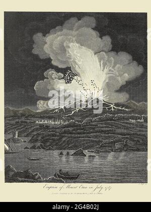 Eruzione dell'Etna nel luglio 1787 incisione su copperplate dell'Enciclopedia Londinensis OR, dizionario universale di arti, scienze e letteratura; Volume VII; a cura di Wilkes, Giovanni. Pubblicato a Londra nel 1810 Foto Stock