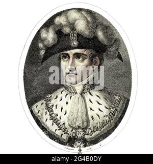 Napoleone Bonaparte (15 agosto 1769 – 5 maggio 1821), conosciuto come Napoleone, è stato un leader politico e militare francese che si è levato in rilievo durante la Rivoluzione francese e ha condotto numerose campagne di successo durante le Guerre rivoluzionarie. Dal 1799 al 1804 fu il leader de facto della Repubblica francese come primo Console. Come Napoleone i, fu imperatore dei francesi dal 1804 al 1814 e di nuovo nel 1815. Napoleone ha dominato gli affari europei e globali per più di un decennio, mentre ha portato la Francia contro una serie di carbone Foto Stock