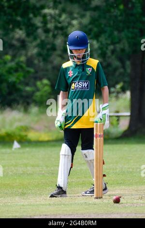 Pontardawe, Galles. 19 giugno 2021. Azione della South Wales Cricket Association Division sei partita tra Llandarcy Cricket Club 2nds e Ynystawe Cricket Club 3rds al Recreation Ground a Pontardawe, Galles, Regno Unito, il 19 giugno 2021. Credit: Duncan Thomas/Majestic Media/Alamy Live News. Foto Stock